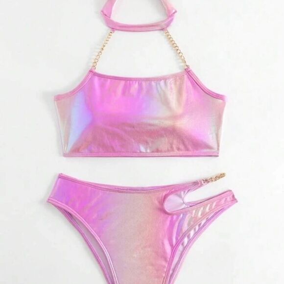 Y2K Festival Mermaidcore Metallic Holographic Choker Chain Detail Bikini - Picture 2 of 12